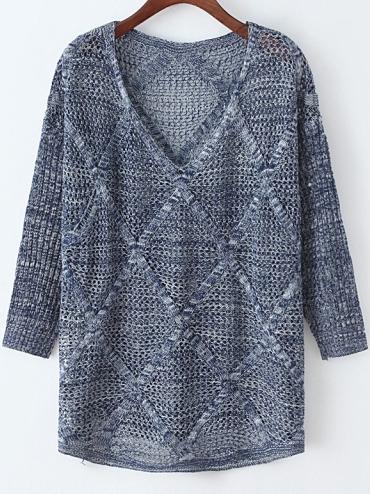 Romwe V Neck Open-knit Diamond Blue Sweater