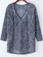 Romwe V Neck Open-knit Diamond Blue Sweater