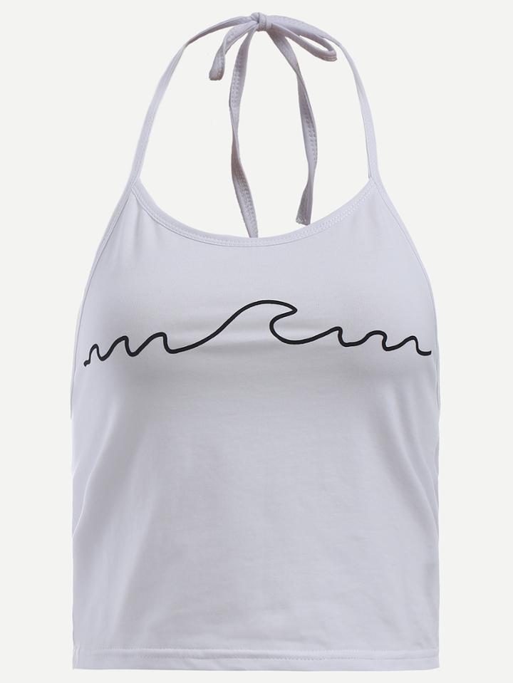 Romwe White Line Print Crop Halter Neck Top