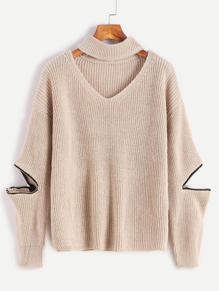 Romwe Light Khaki Choker Neck Sweater With Sleeve Zip Detail