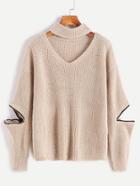 Romwe Light Khaki Choker Neck Sweater With Sleeve Zip Detail