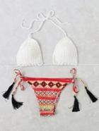 Romwe Printed Side Tie Knit Bikini Set With Tassel