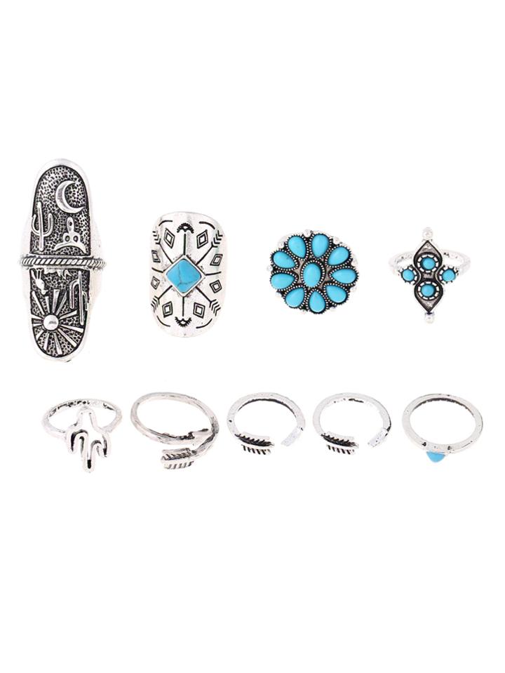 Romwe Turquoise Stone Statement Ring Pack 9pcs