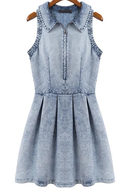 Romwe Blue Lapel Sleeveless Pleated Denim Dress