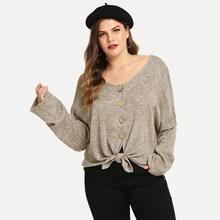 Romwe Plus Single-breasted Knot Hem Jumper