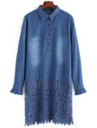 Romwe Lapel Lace Crochet Hollow Out Denim Shirt Dress