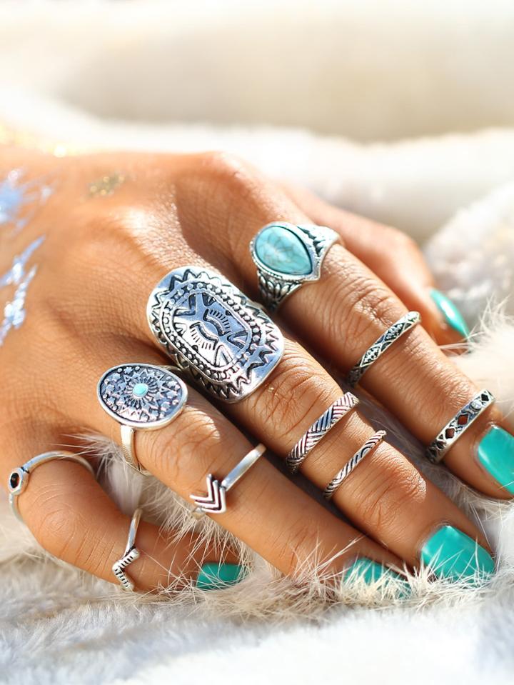 Romwe Retro Ring Set With Turquoise