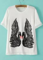 Romwe Swan Embroidered White T-shirt