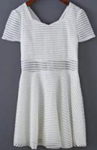 Romwe Short Sleeve Striped With Zipper Organza Dress