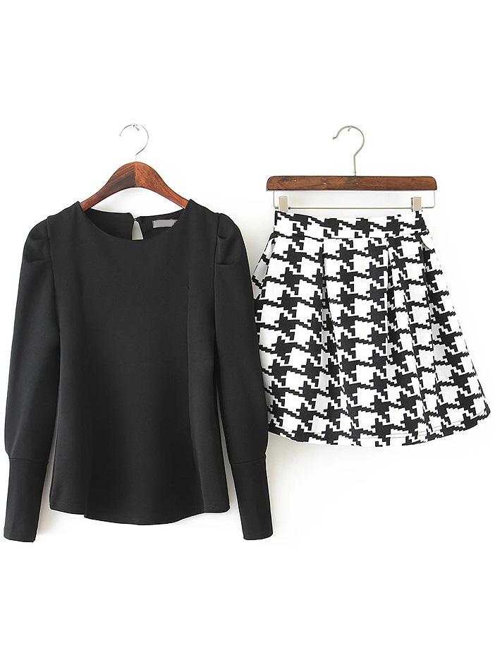 Romwe Round Neck Slim Black Top With Houndstooth Skirt