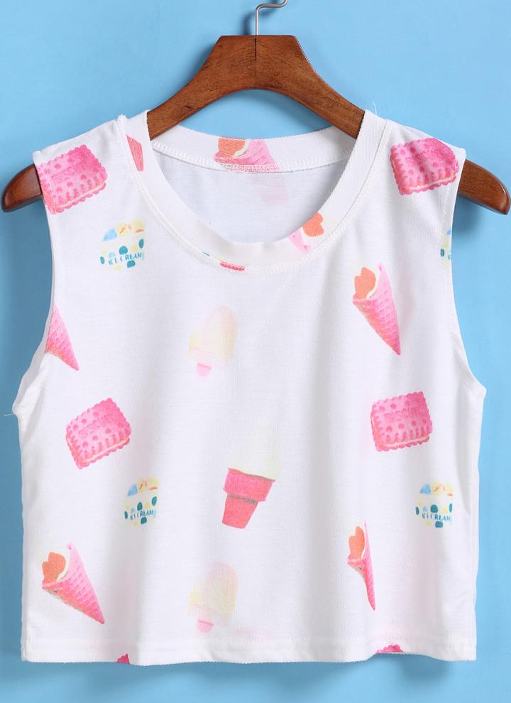 Romwe Ice Cream Print White Tank Top