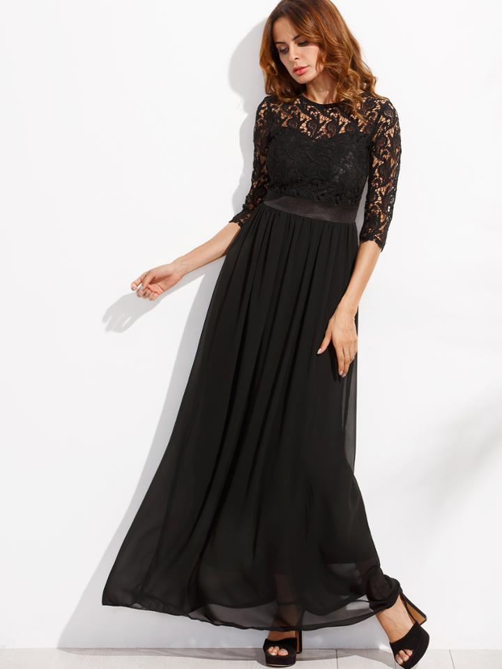Romwe Black Lace Overlay Maxi Chiffon Dress