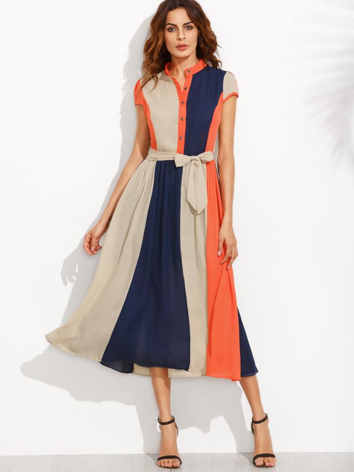 Romwe Color Block Bow Tie Waist Buttons Shirtwaist Dress