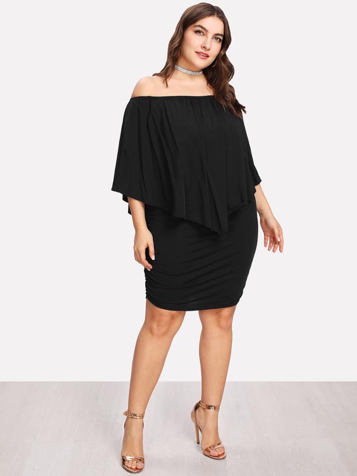 Romwe Bardot Ruched Detail Ruffle Dress