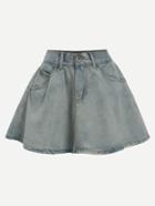 Romwe Blue Pockets Denim Flare Skirt
