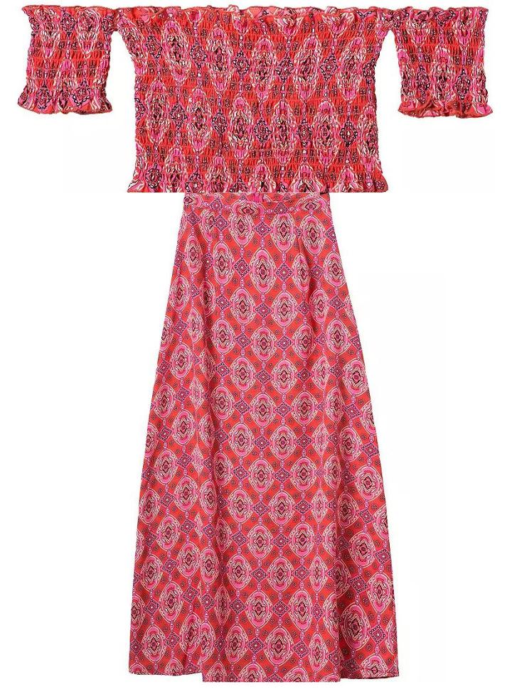 Romwe Off The Shoulder Crop Top With Vintage Print Skirt