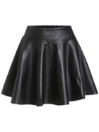 Romwe Black Faux Leather Elastic Waist Flare Skirt
