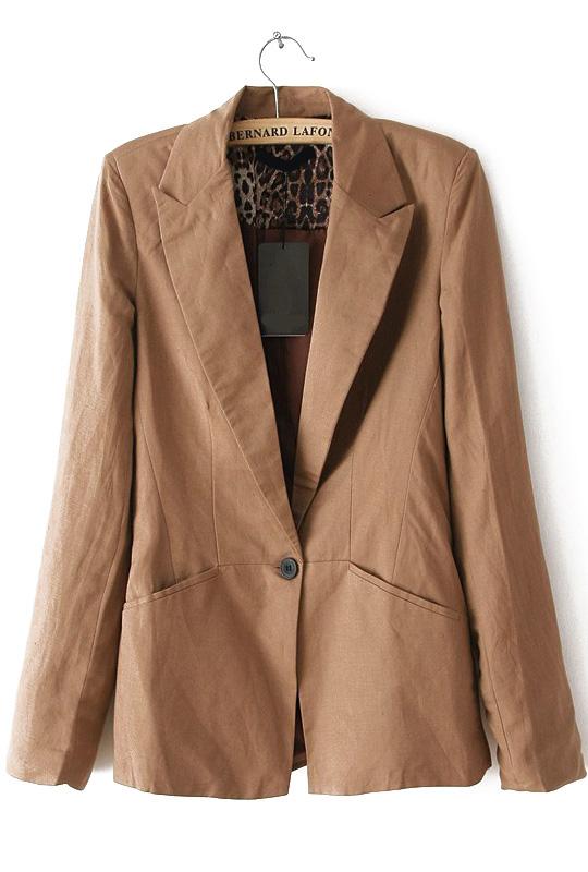 Romwe Lapel Single Button Slim Khaki Blazer