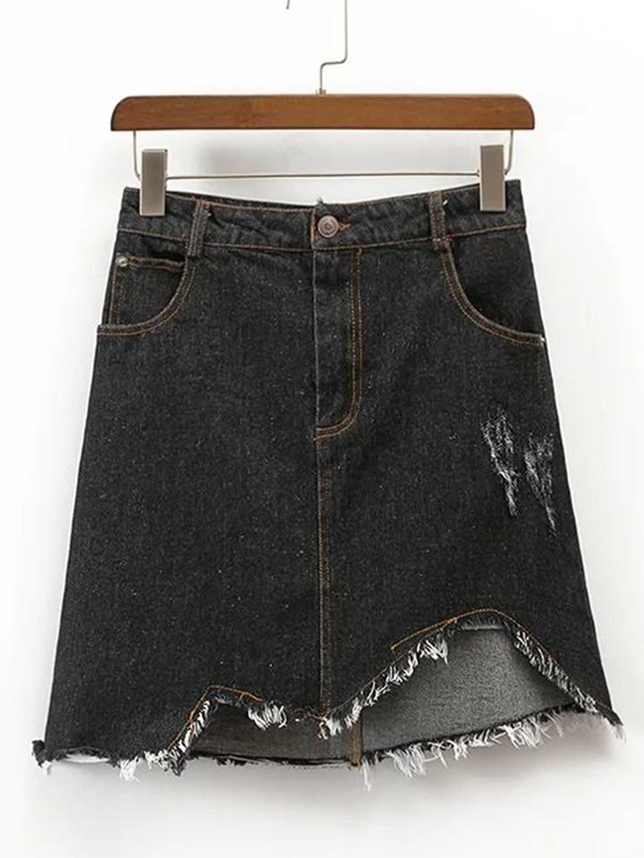 Romwe Asymmetrical Hem Denim Skirt
