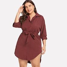 Romwe Plus Collar Self Tie Waist Dress