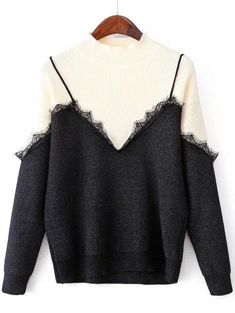 Romwe Color Block Eyelash Detail 2 In 1 Sweater
