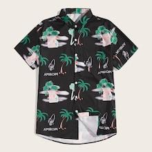 Romwe Guys Coconut Trees & Letter Print Curved Hem Shirt