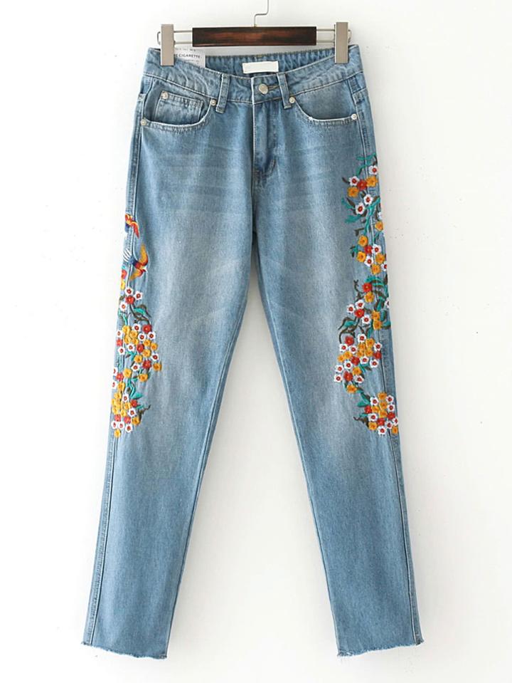 Romwe Raw Hem Embroidery Jeans