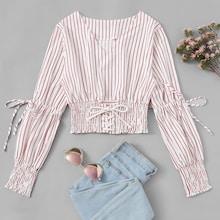 Romwe Lace-up V-neck Striped Blouse