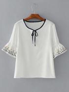 Romwe Tie Neck Bell Sleeve Embroidered Top