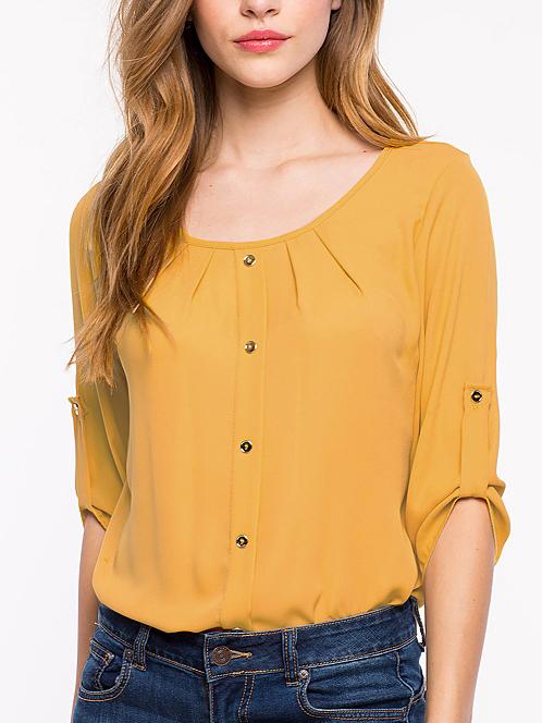 Romwe Buttoned Rolled Sleeve Chiffon Blouse