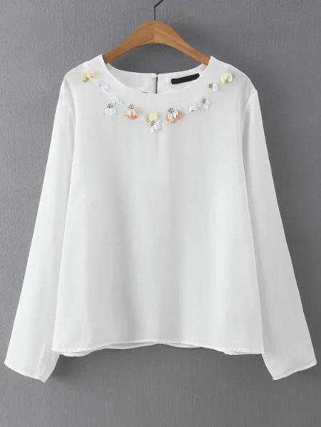 Romwe Chiffon Beaded White Shirt