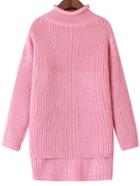 Romwe High Neck Dip Hem Pink Sweater