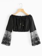 Romwe Bardot Drawstring Neck Mesh Panel Sleeve Crop Top