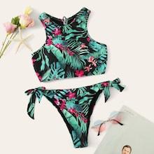 Romwe Random Tropical Lace-up Top With Tie Side Bikini