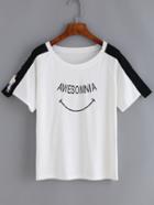 Romwe Contrast Raglan Sleeve Letters Print White T-shirt