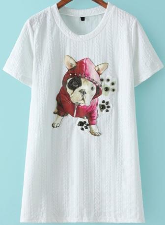 Romwe With Rivet Dog Pattern White T-shirt