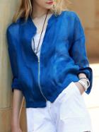 Romwe Long Sleeve Zipper Blue Jacket