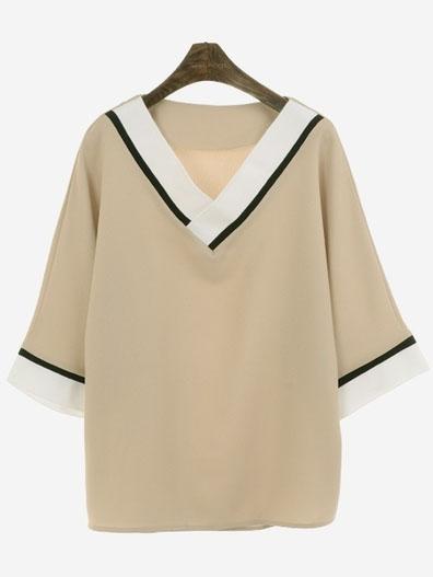 Romwe Khaki V Neck Ribbed Splicing Loose Blouse