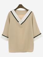 Romwe Khaki V Neck Ribbed Splicing Loose Blouse