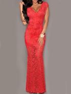 Romwe Red Deep V Neck Open Back Lace Mermaid Dress
