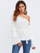 Romwe Tiered Trumpet Sleeve Scalloped One Shoulder Blouse