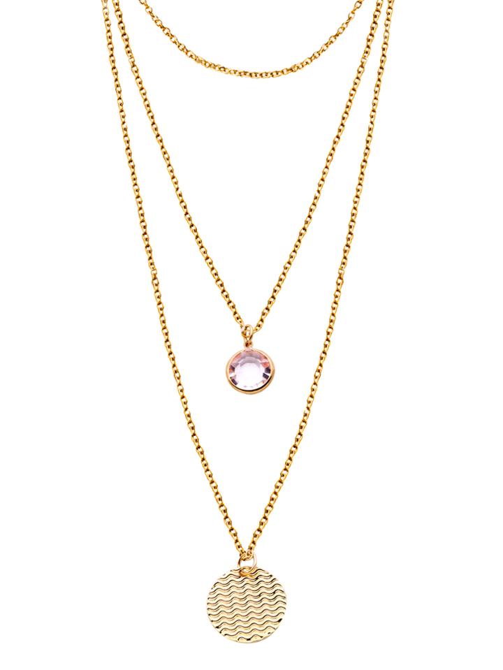 Romwe Gold Layered Round Rhinestone Coin Pendant Necklace