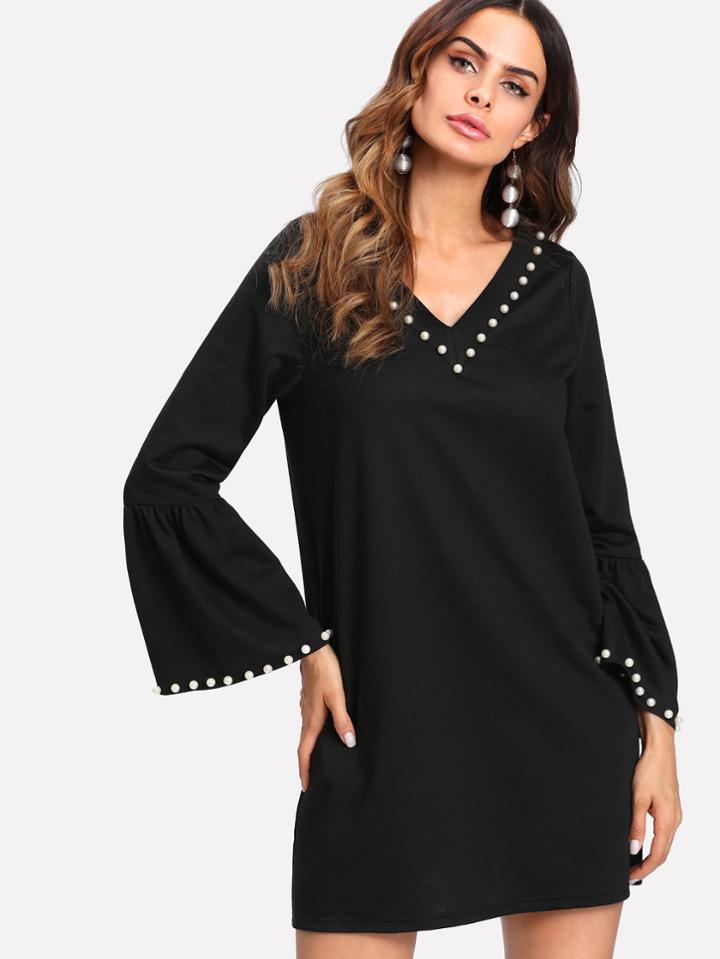Romwe Pearl Beaded Flounce Sleeve Dress