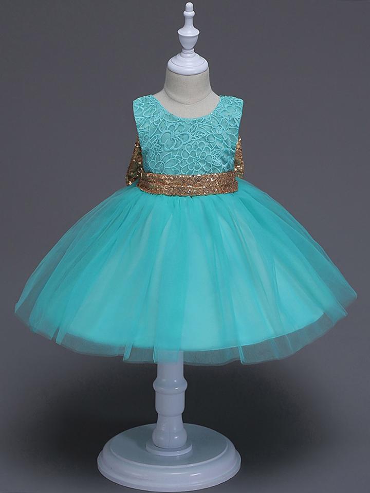 Romwe Sequin Embroidered Bow Tie Tiered Mesh Ball Gown