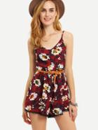 Romwe Belted Daisy Print Cami Romper
