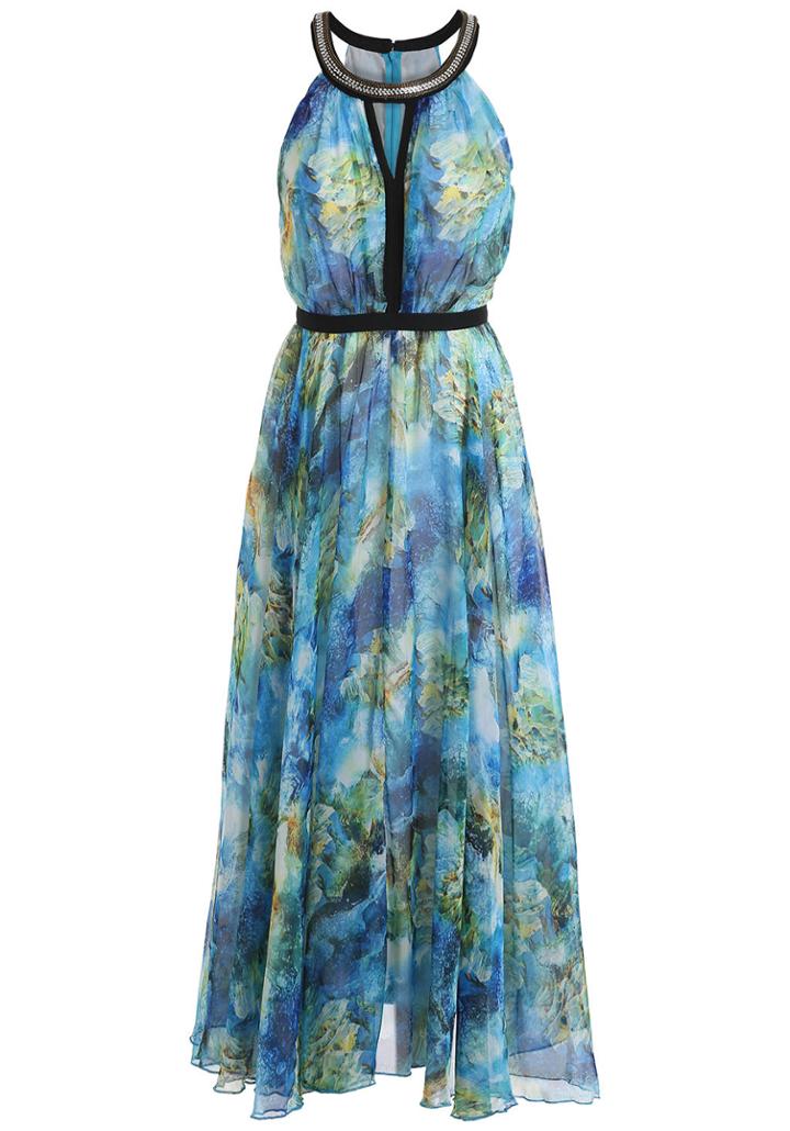 Romwe Halter V Cut Florals Chiffon Dress