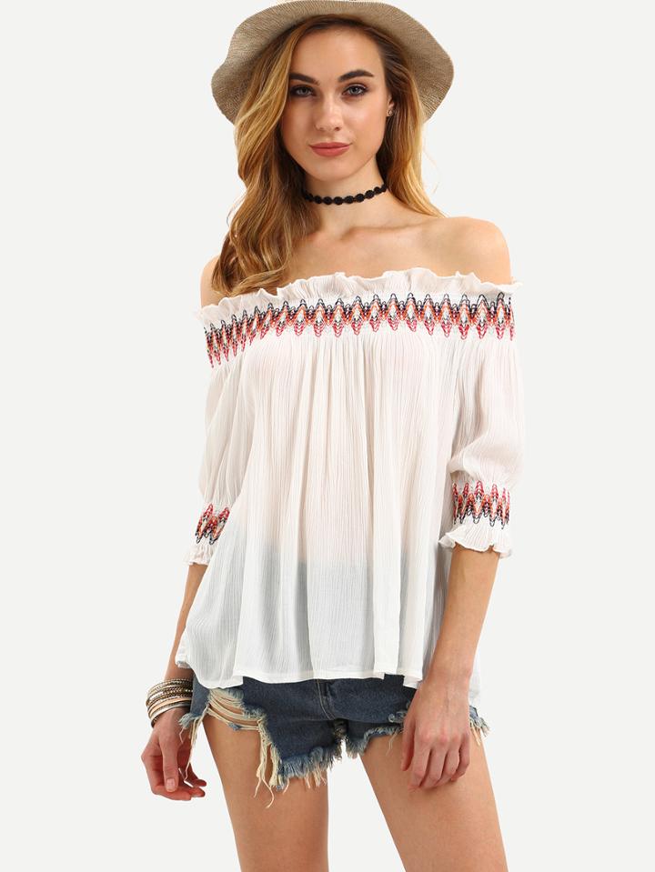 Romwe White Off The Shoulder Embroidered Shirt
