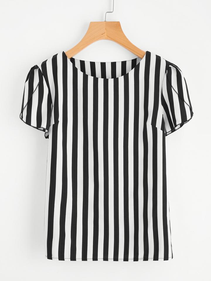 Romwe Contrast Vertical Striped Petal Sleeve Blouse