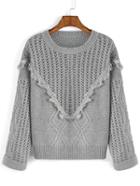 Romwe Round Neck Hollow Tassel Grey Sweater