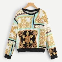 Romwe Drop Shoulder Scarf Print Sweatshirt